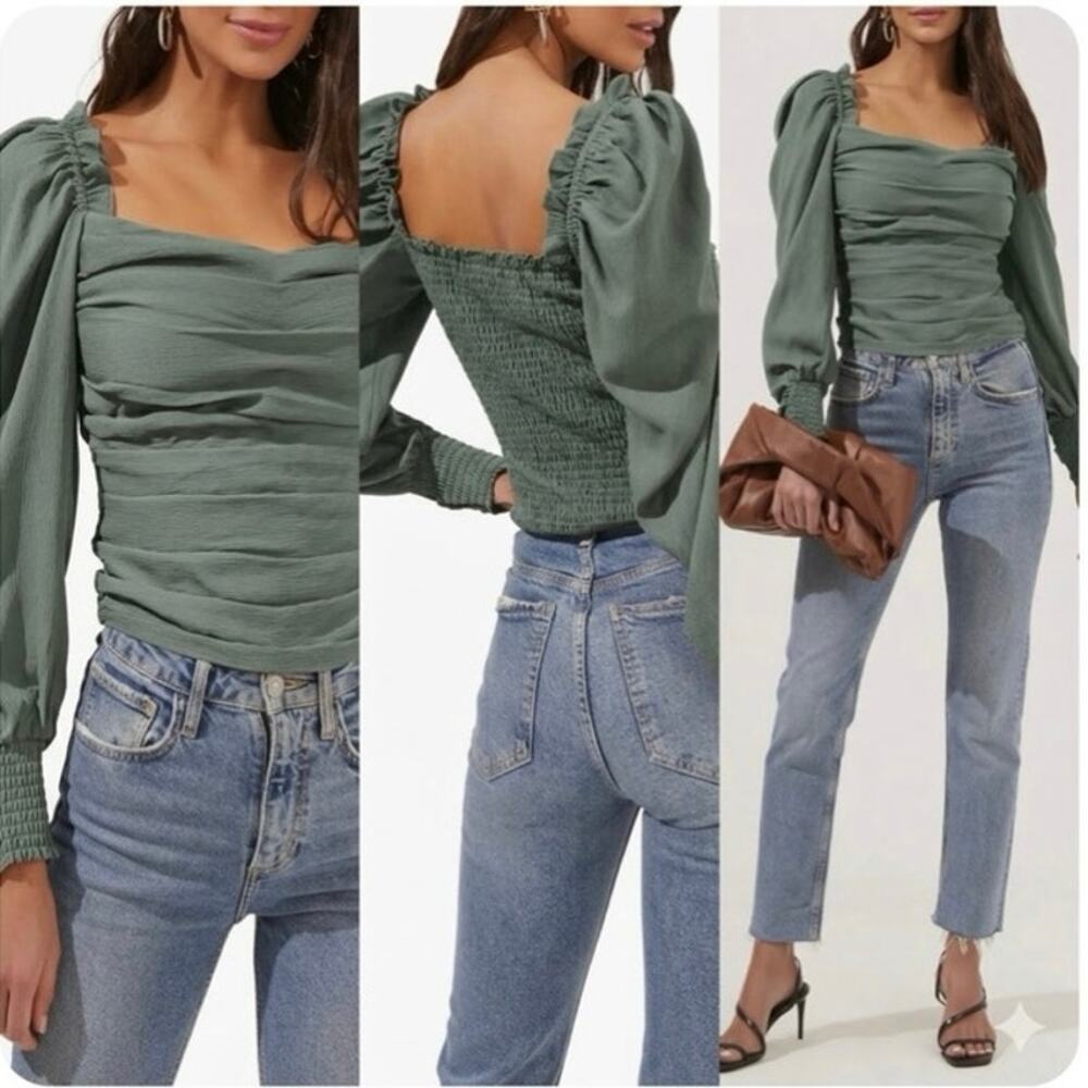 NWT ASTR The Label Puff Sleeve Square Neck Top XL Sage Green Boho Peasant $55 - Picture 1 of 8
